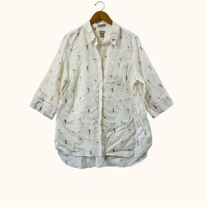 Chico’s Women White Embroidered Button Down Shirt 3/4 Sleeve Tunic Top Casual 3